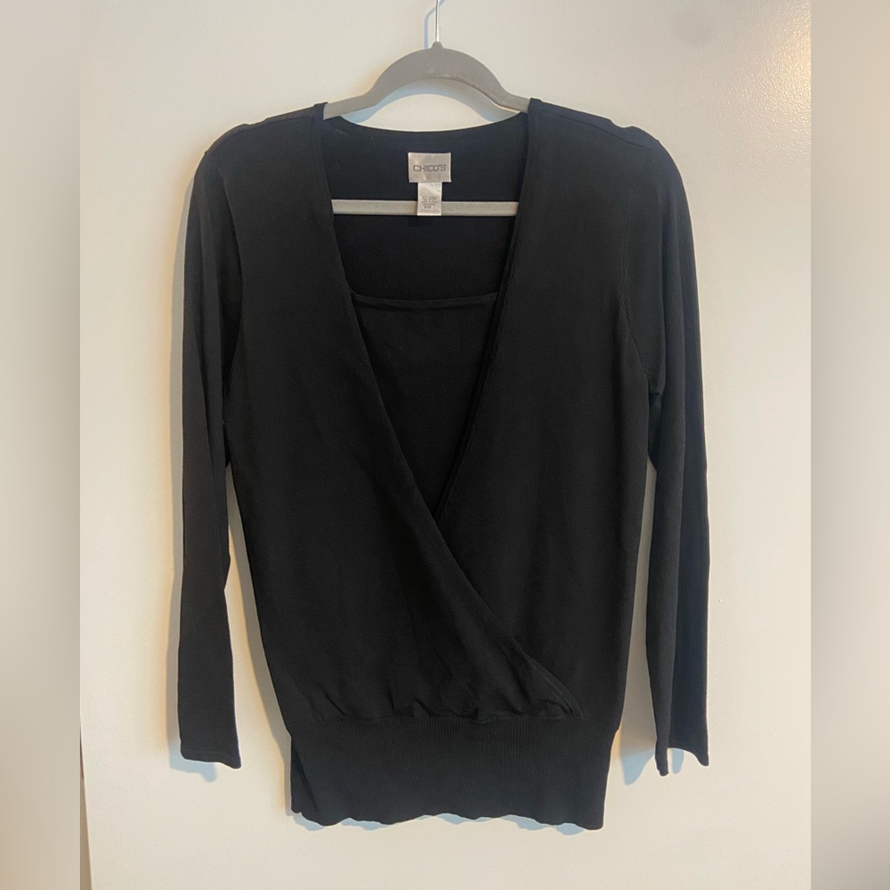 Chico's Women's Top Black Long Sleeve V Neck Crossover with Cami, Size 1 (M)